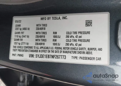 2022 Tesla Model 3 Long Range Dual Motor All-Wheel Drive from USA, damaged, VIN 5YJ3E1EB7NF267773